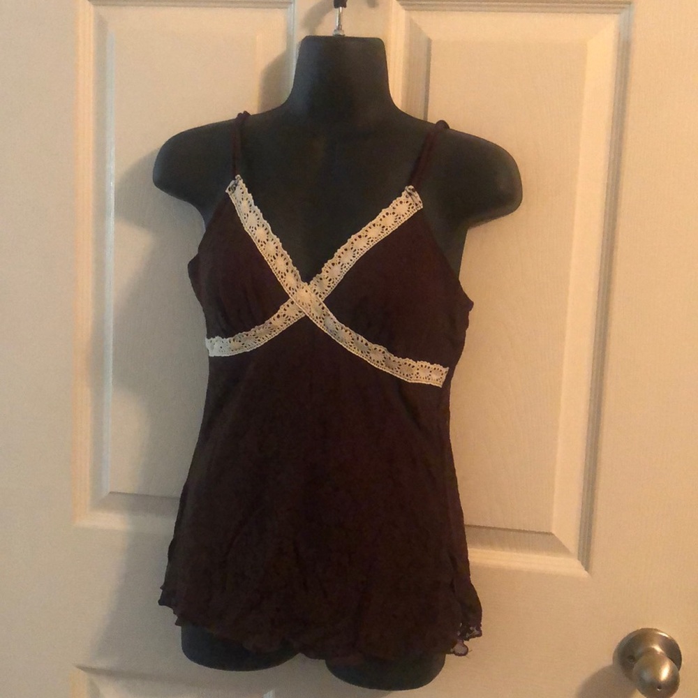 Brown lace overlay top with cream lace accents SM